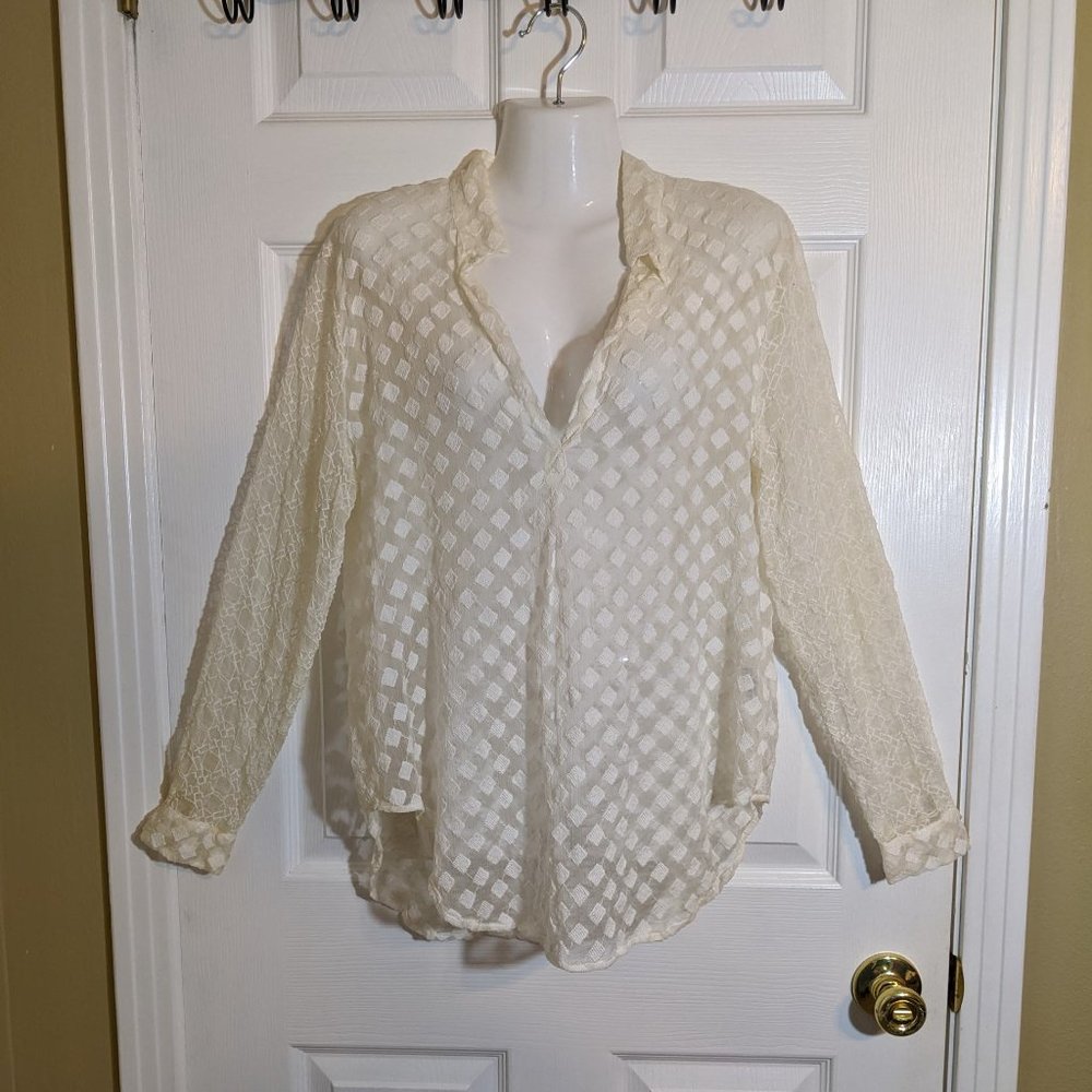 Johnny Was 4 Love And Liberty 100% Silk Sheer Ivory Diamond Pattern Blouse - S